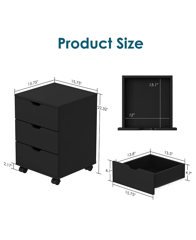 Rainsken 3-Drawer Vertical Filing Cabinet, Wood Mobile File Cabinet, Storage Cabinet with Wheels