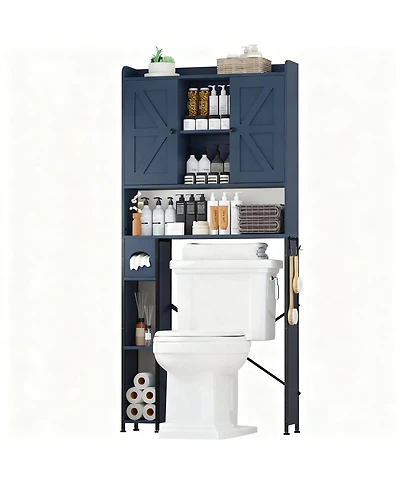 Yigii Metal Frame Over Toilet Cabinet with 7 Shelves & Hooks for Farmhouse Style