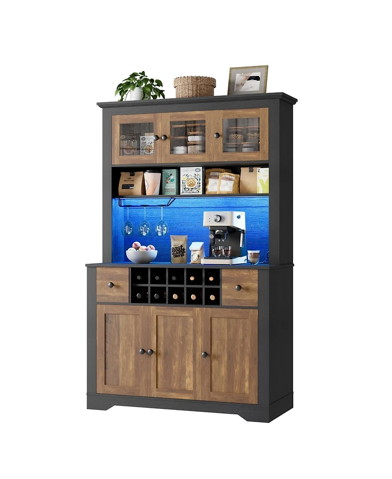 gaomon 68.7" Wooden Bar Cabinet with Charging Station – Buffet Hutch with 2 Drawers & 10 Storage Shelves