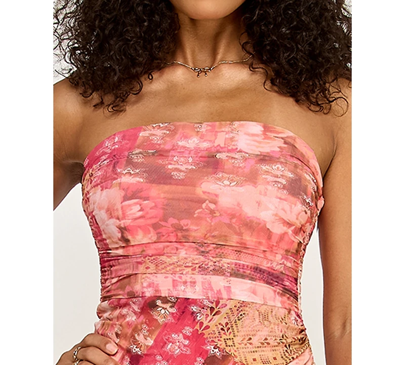 Emerald Sundae Juniors' Strapless Printed Mesh Midi Dress