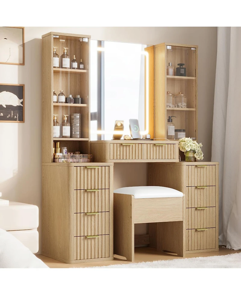 Streamdale Furniture 43.5" Fluted Makeup Vanity Desk with Mirror, Lights, 10 Drawers, 2 Cabinets, Stool