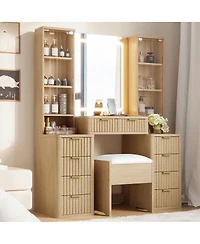 Streamdale Furniture 43.5" Fluted Makeup Vanity Desk with Mirror, Lights, 10 Drawers, 2 Cabinets, Stool