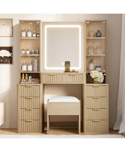 Streamdale Furniture 43.5" Fluted Makeup Vanity Desk with Mirror, Lights, 10 Drawers, 2 Cabinets, Stool