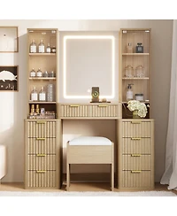 Streamdale Furniture 43.5" Fluted Makeup Vanity Desk with Mirror, Lights, 10 Drawers, 2 Cabinets, Stool