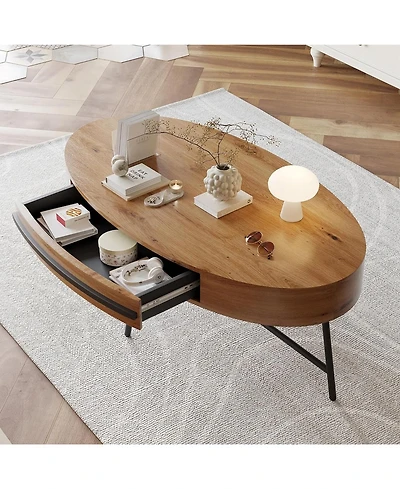 gaomon Oval Coffee Table with Drawer Mid-Century Modern Center Table Wooden Coffee Table with Storage and Cross Metal Legs Unique Curved Design