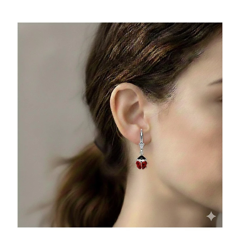 Curata Jewelry Sterling Silver Rhodium-plated Red Enamel Lady Bug Lever Back Earrings