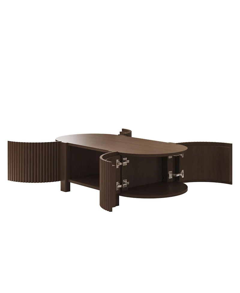 Streamdale Furniture Oval Fluted Coffee Table with Storage, Rubber Solid Wood, Walnut, 47