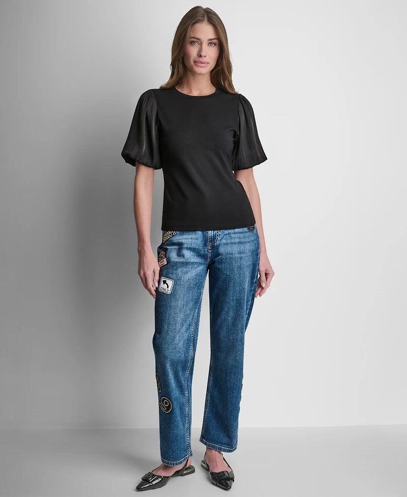 Dkny Women's Puffed Crewneck Mix Media Knit Top