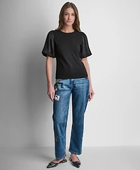 Dkny Women's Puffed Crewneck Mix Media Knit Top