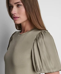 Dkny Women's Puffed Crewneck Mix Media Knit Top