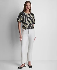 Dkny Women's Printed Scoop-Neck Short-Puff-Sleeve Top