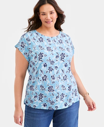 Style & Co Plus Printed Short-Sleeve Mixed-Media Tee, Macy's Exclusive