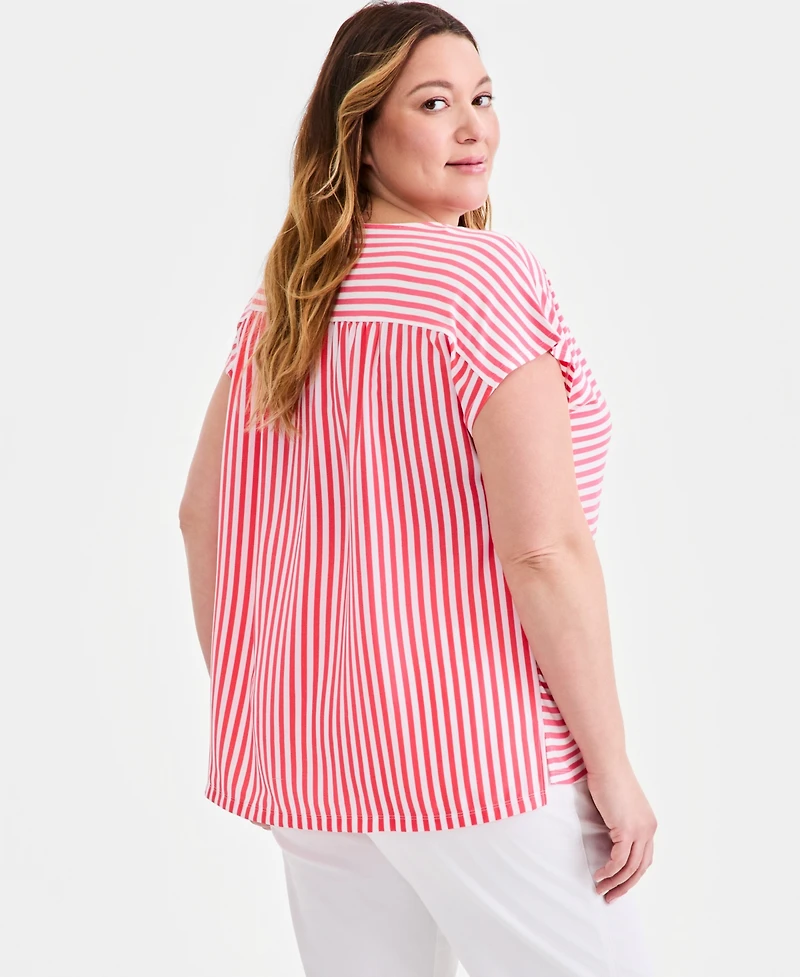 Style & Co Plus Striped Short-Sleeve Mixed-Media Tee, Macy's Exclusive