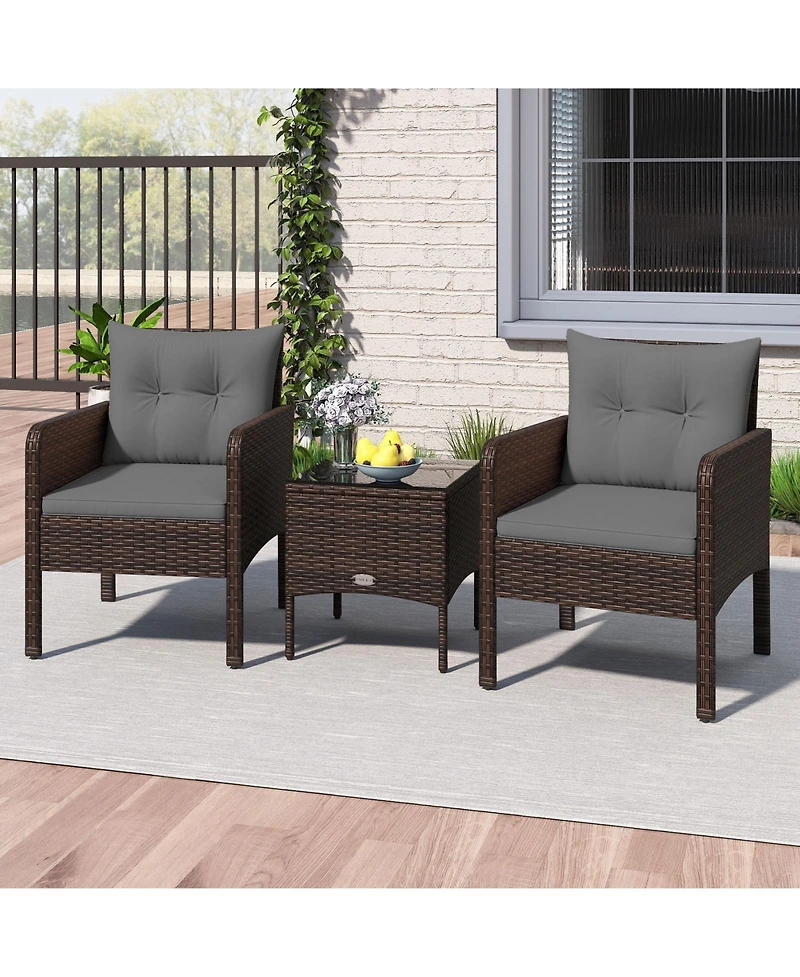 Gymax Set of 3 Outdoor Patio Pe Wicker Furniture w/Cushions & Tempered Glass Coffee Table