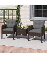 Gymax Set of 3 Outdoor Patio Pe Wicker Furniture w/Cushions & Tempered Glass Coffee Table