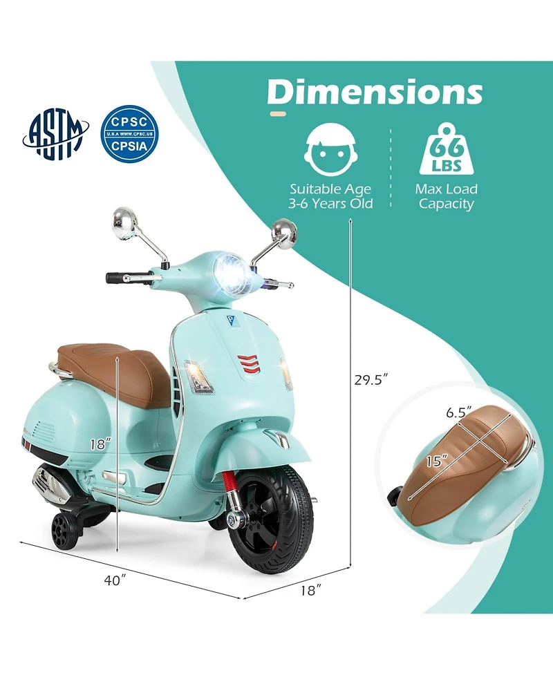 Mecale 12V Kids Electric Motorcycle Licensed Vespa with Music and Training