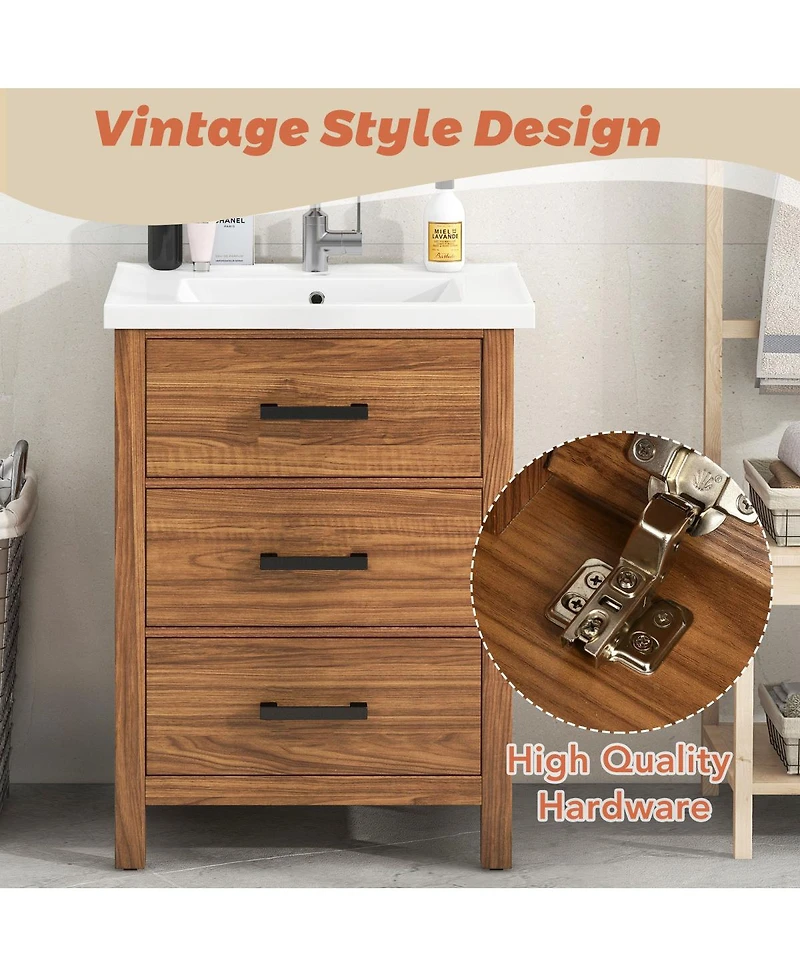 Sillysis 24" Walnut Bathroom Vanity with Ceramic Sink, Modern Freestanding Cabinet with 3 Drawers, Mdf Wood for Small Spaces