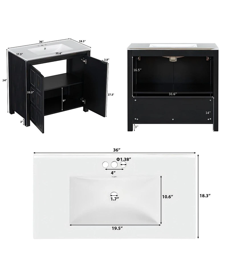 Sillysis 36" Antique Bathroom Vanity with Ceramic Sink, Solid Wood Frame & Soft Close Doors, Spacious Storage Cabinet for Modern Bathrooms