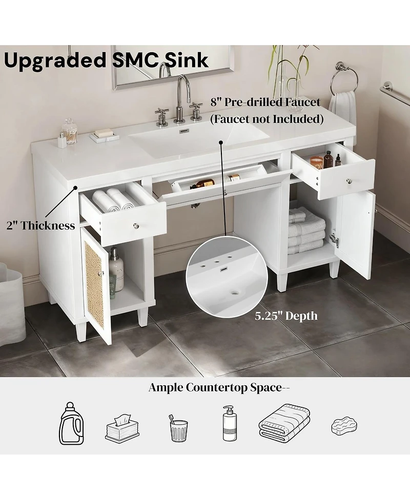 Sillysis 60" Wheelchair Accessible Bathroom Vanity with Smc Sink, Modern Storage Cabinet with Soft Close Drawers & Pine Legs