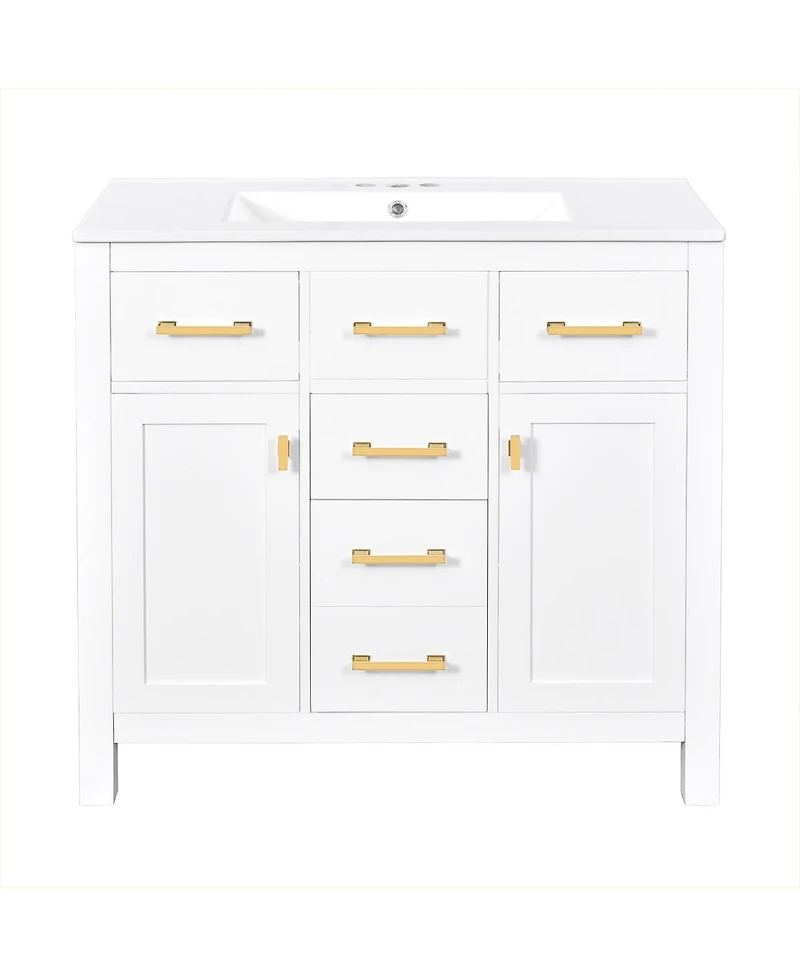 Sillysis 36" Modern Solid Wood Bathroom Vanity with Ceramic Sink, 4 Drawers & 2 Soft Close Doors Freestanding Cabinet