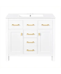 Sillysis 36" Modern Solid Wood Bathroom Vanity with Ceramic Sink, 4 Drawers & 2 Soft Close Doors Freestanding Cabinet