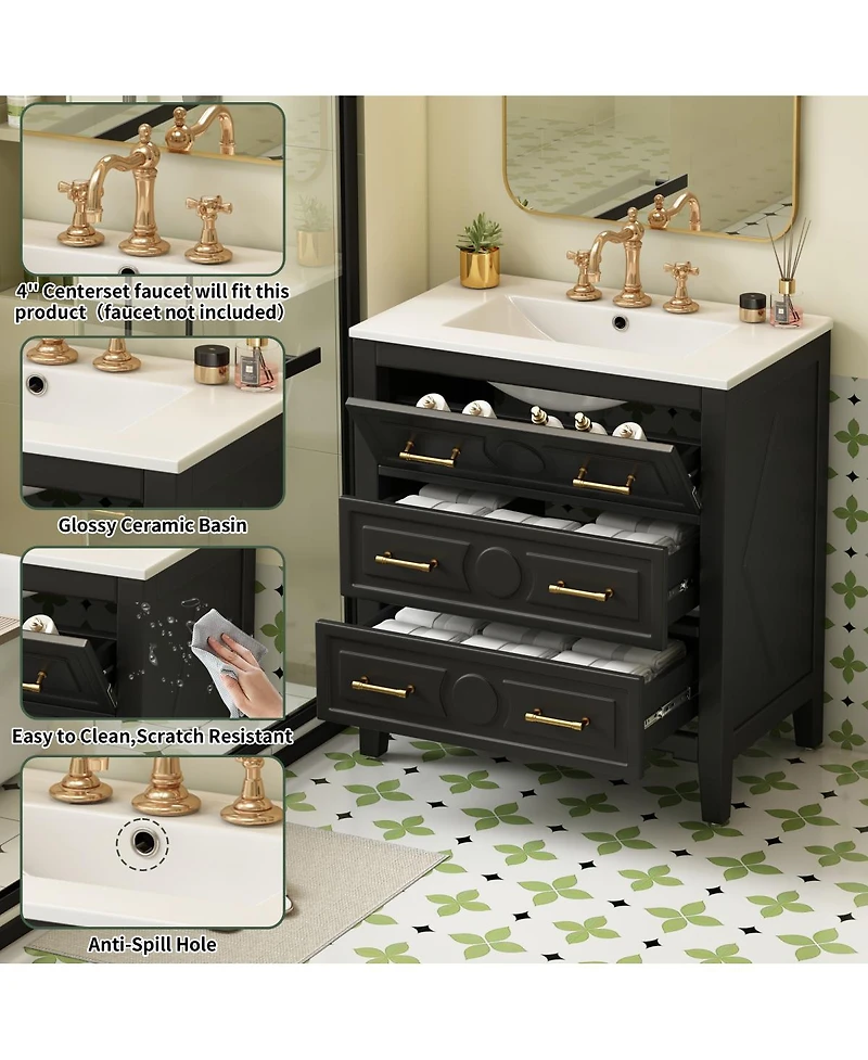 Sillysis 30" Bathroom Vanity with Ceramic Sink, Retro Solid Wood Cabinet & 3 Drawer Storage for Small Spaces
