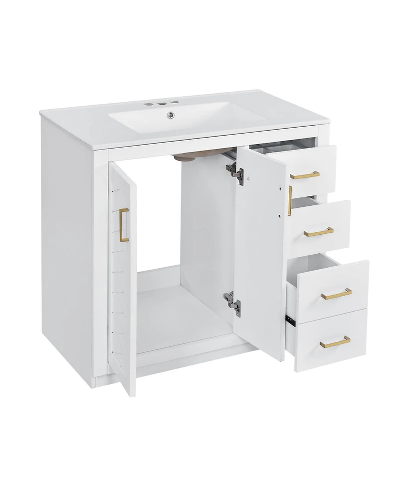 Sillysis 36" Bathroom Vanity with Ceramic Sink, Modern Solid Wood Cabinet & Ample Storage Drawers for Small Spaces