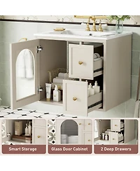 Sillysis 24" Wall Mount Bathroom Vanity with Glass Door, Ceramic Sink & 2 Drawers, Space Saving Storage for Small Bathrooms