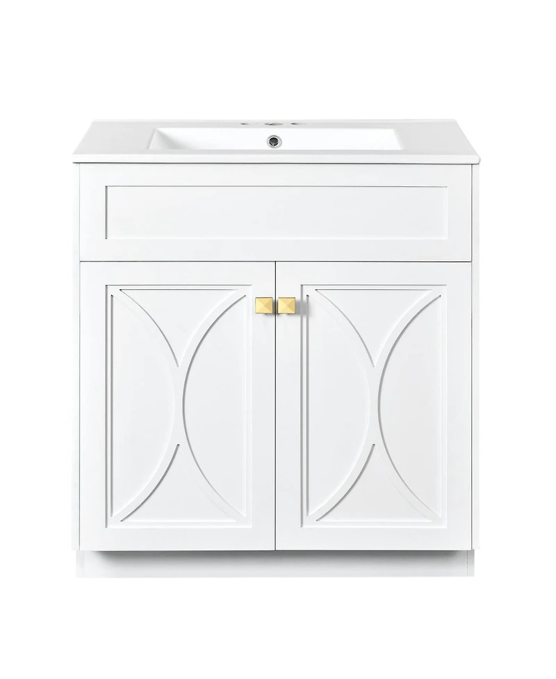 Sillysis 30" Modern Bathroom Vanity with Ceramic Sink, Retractable Rack & Large Storage Cabinet for Small Spaces