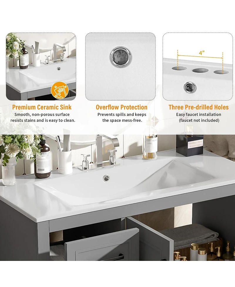 Sillysis 36" Modern Bathroom Vanity with Ceramic Sink, Solid Wood Frame & Soft Close Drawers for Small Spaces