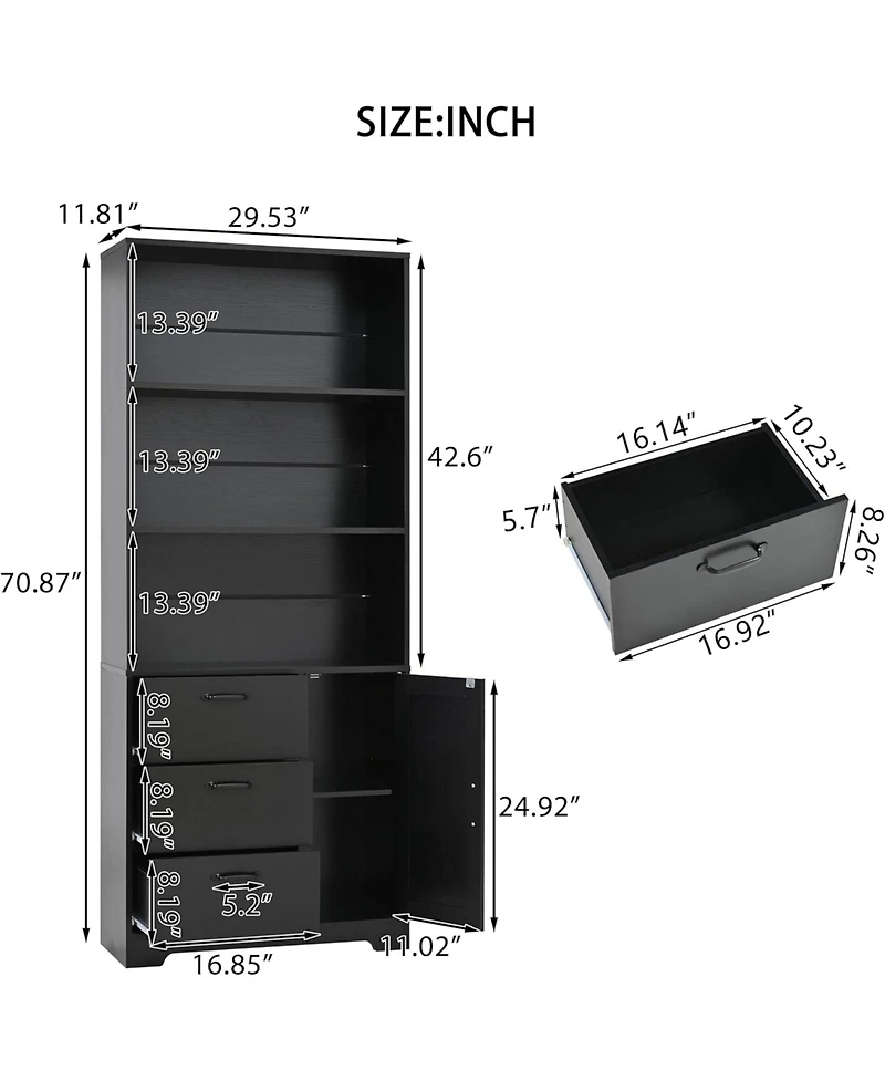 gaomon 6-Tier Bookshelf with Door and 3 Drawers, 71" Tall Bookcase 3-Tier Open Shelves