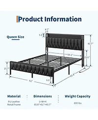 gaomon Queen Bed Frame with Pu Faux Leather & Charging Station, Upholstered Platform Bed with 12" Underbed Storage & Metal Frame