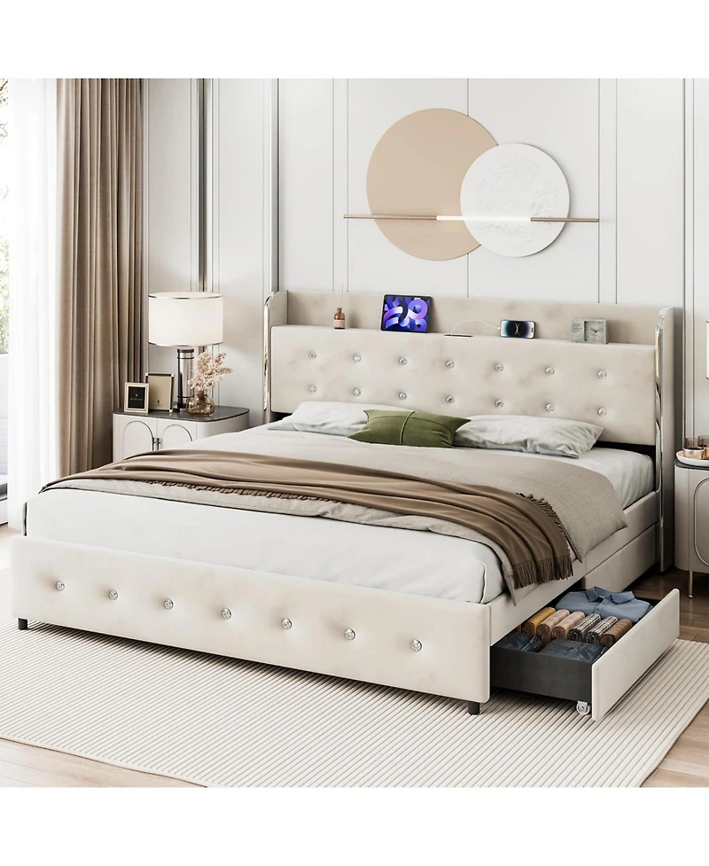 gaomon Bed Frame, Upholstered Bed Frame with 4 Storage Drawers, Platform Bed Frame with Diamond Tufted Headboard