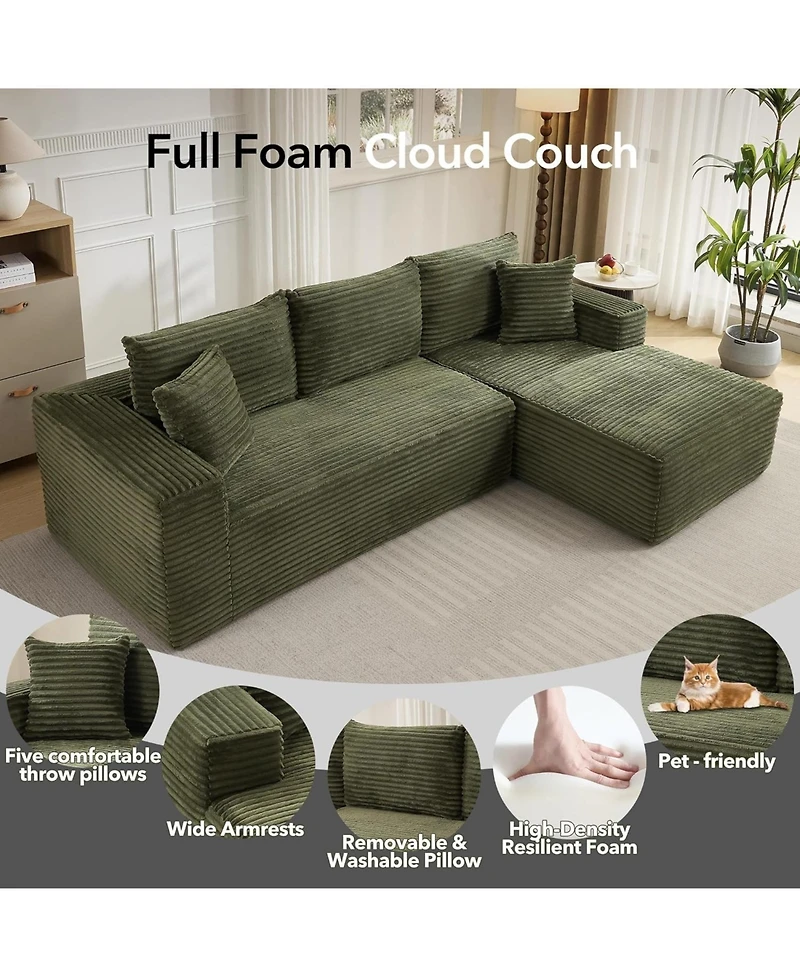 gaomon 108'' Boneless Sectional Cloud Couches for Living Room L-Shape Corduroy Cloud Sectional Couch with Chaise Modern Modular Sectional Sofa