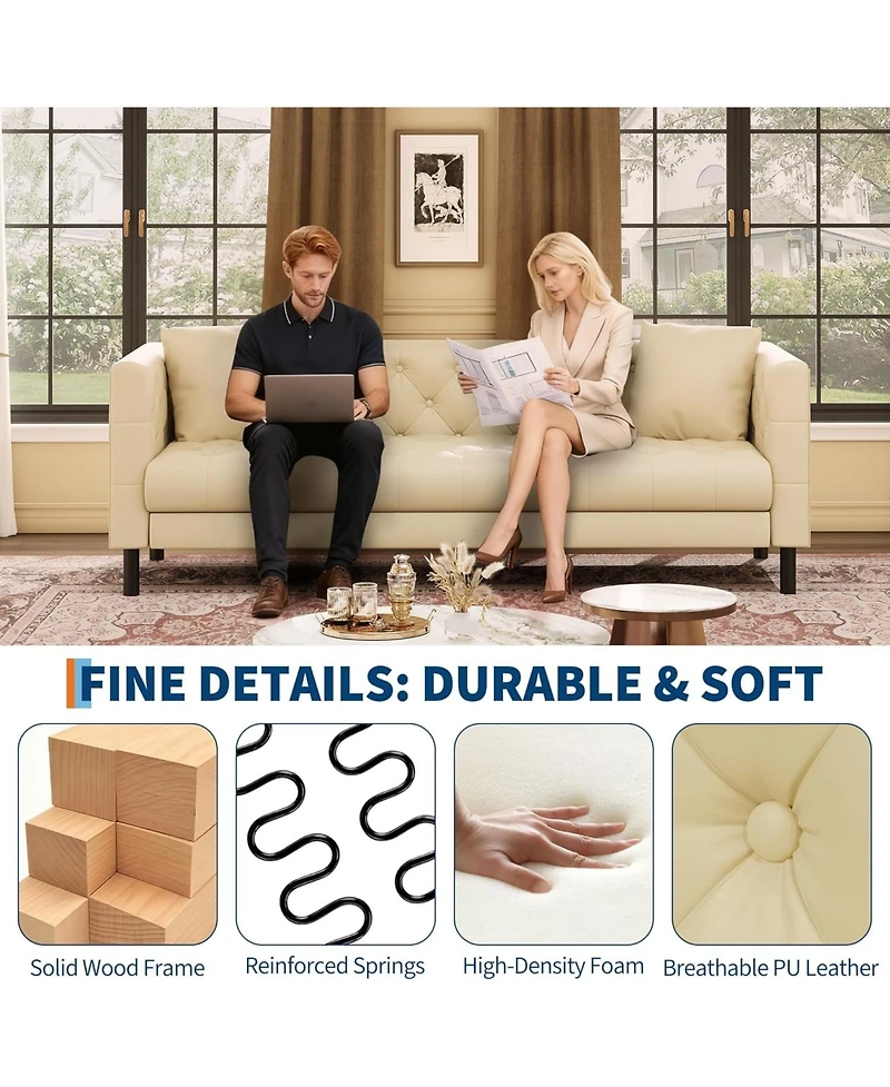 gaomon 81" Leather Couch, Handmade Button Tufted 3 Seater Sofa, Chesterfield Sofa with Deep Seat and 2 Pillows