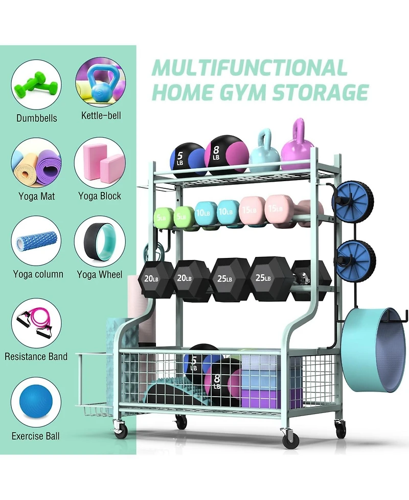 Home Gym Storage for Dumbbells,Yoga Mat and Balls, Adjustable width,All in One Workout Storage with Wheels and Hooks,Steel