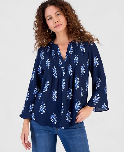 Style & Co Women's Printed Pintuck Ruffle Sleeve Top, Macy's Exclusive