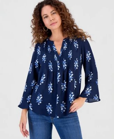 Style Co Womens Printed Pintuck Ruffle Sleeve Top Macys Exclusive