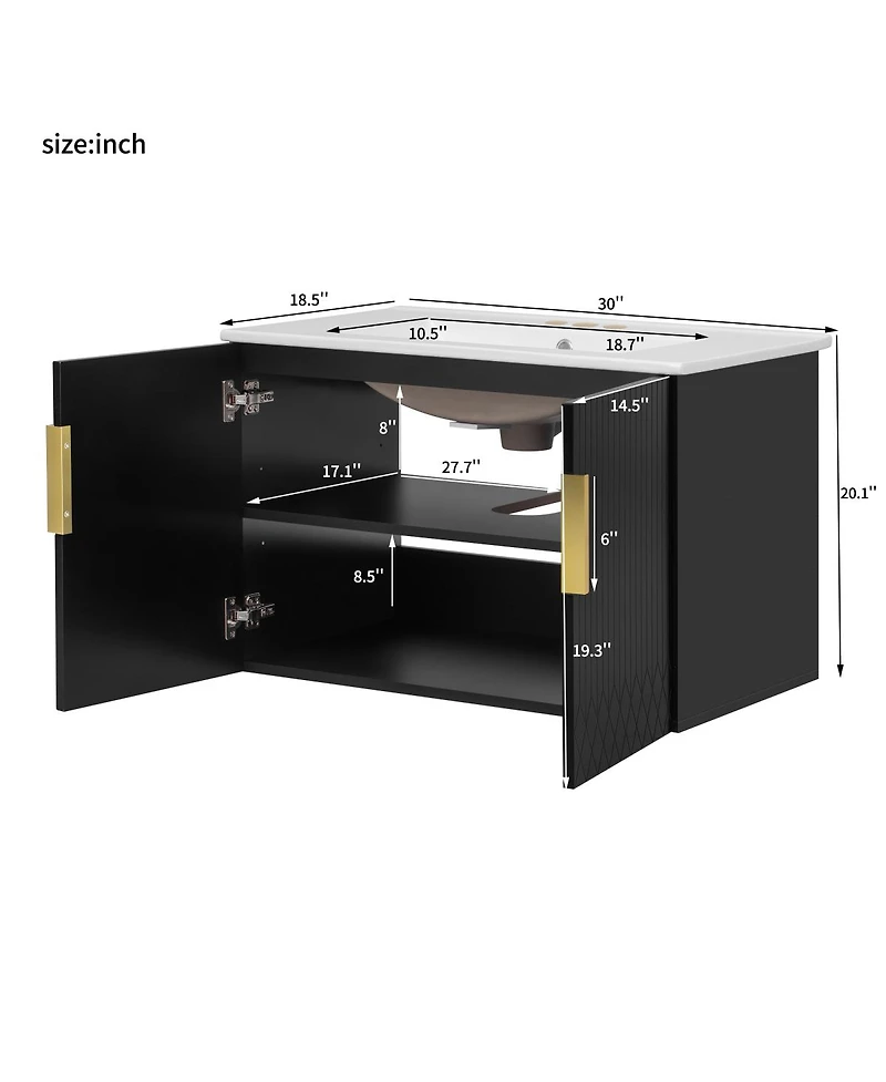 Sillysis 30" Wall Mounted Bathroom Vanity with Sink, Modern Striped Cabinet Adjustable Storage & Ceramic Basin for Small Bathrooms