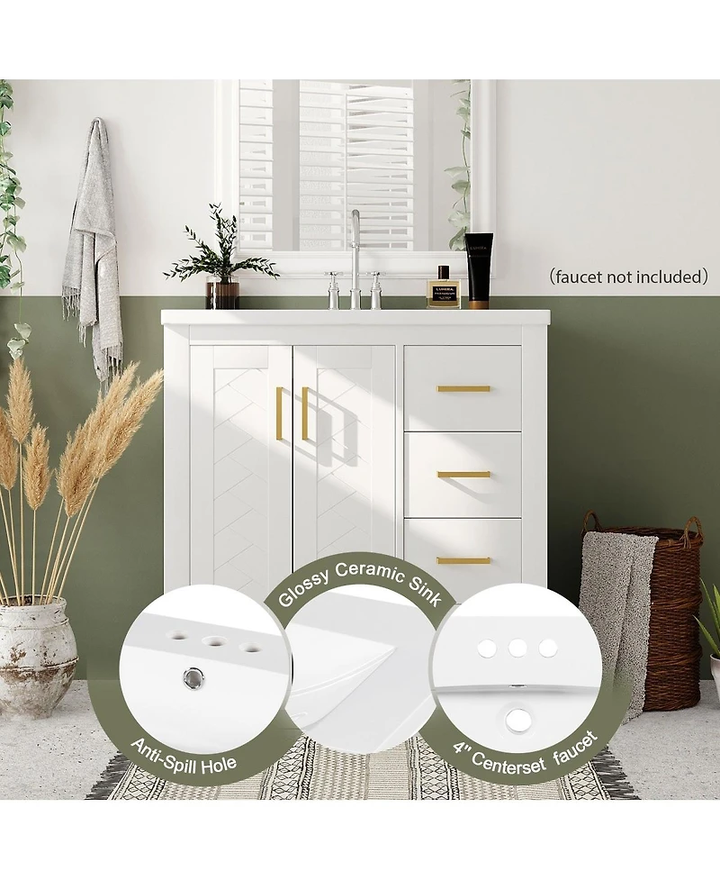 Sillysis 30" Bathroom Vanity with Ceramic Sink, 3 Drawers & Soft Close Doors, Solid Wood Cabinet for Ample Storage
