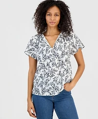 Style & Co Women's Seersucker Split-Neck Flutter Sleeve Top, Created for Macy's