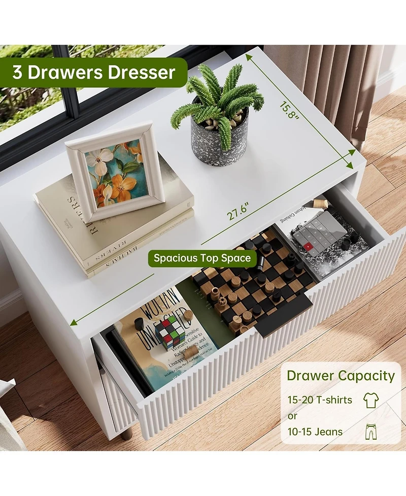 gaomon Fluted 3 Drawer Dresser with Metal Legs, Wooden Nightstand Storage for Bedroom, Entryway