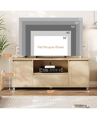 gaomon Rattan Tv Stand for 70 Inch Tv, Boho Tv Entertainment Center, Wooden Tv Console with Drawer and 2 Cabinets, Media Console Cabinet