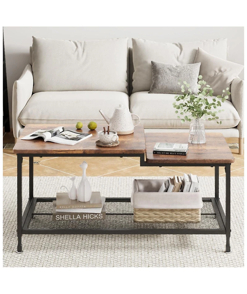 gaomon Coffee Table Industrial Living Room Table 2-Tier Rustic Center Table with Mesh Shelf Rectangle Storage Cocktail Table Metal Frame