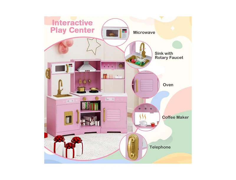 Slickblue Pretend Play Wooden Kitchen Set with Range Hood and Realistic Effects