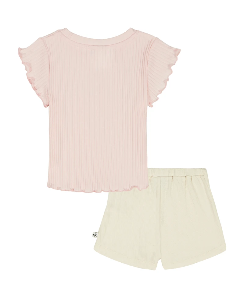 Calvin Klein Girls' 2T-6X Ribbed Logo T-Shirt and Crinkle Knit Wrap-Front Shorts, 2-Piece Set