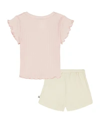 Calvin Klein Girls' 2T-6X Ribbed Logo T-Shirt and Crinkle Knit Wrap-Front Shorts, 2-Piece Set