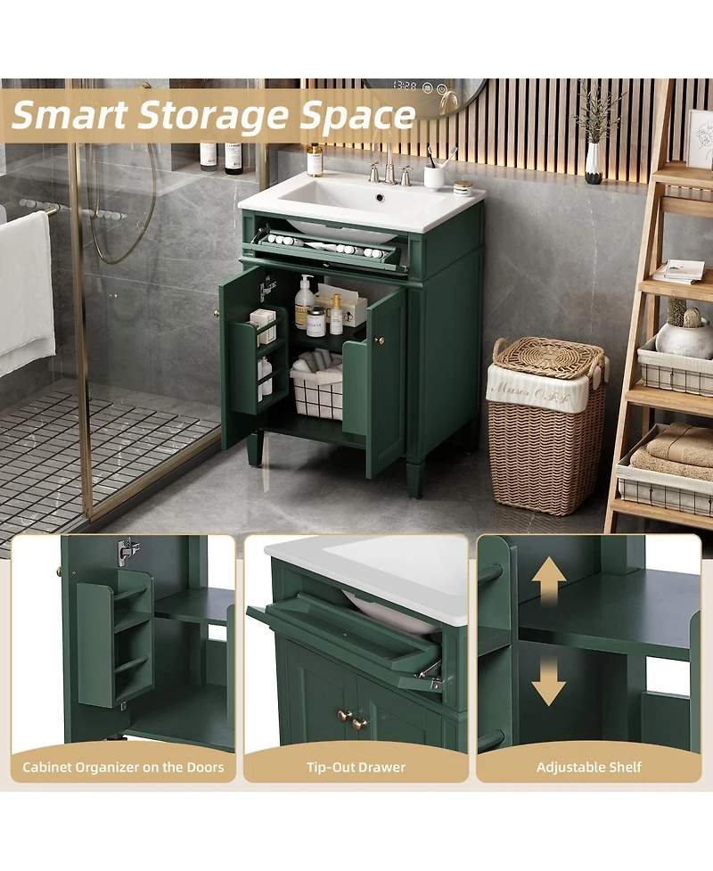 Sillysis 24" Modern Bathroom Vanity with Ceramic Sink, Soft Close Doors & Adjustable Storage Shelf for Small Spaces