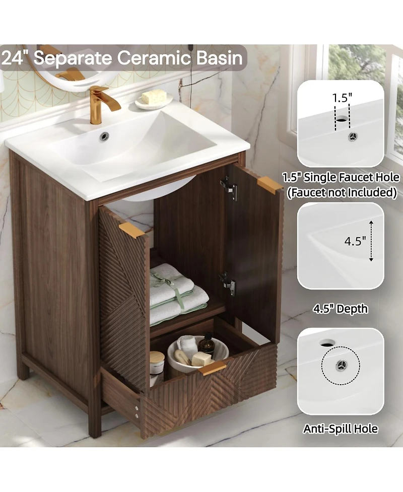 Sillysis 24" Bathroom Vanity with Ceramic Sink, Modern Solid Wood Cabinet & Textured Door for Small Spaces