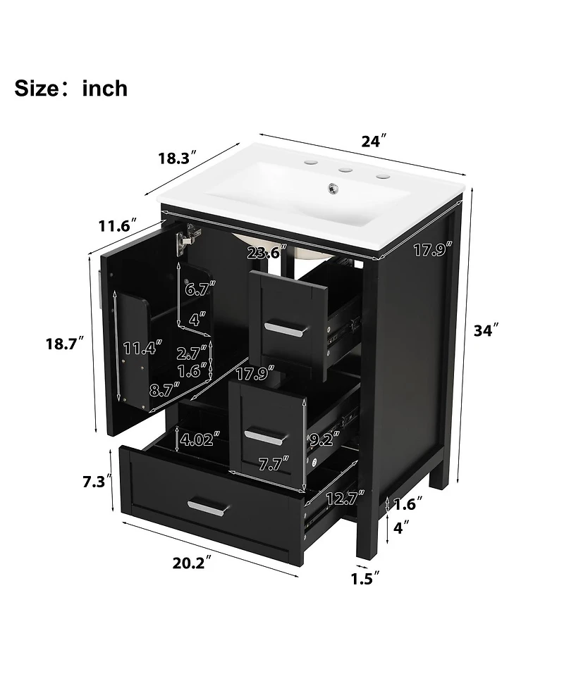 Sillysis 24" Modern Bathroom Vanity with Ceramic Sink, Soft Close Cabinet & Ample Storage for Small Spaces